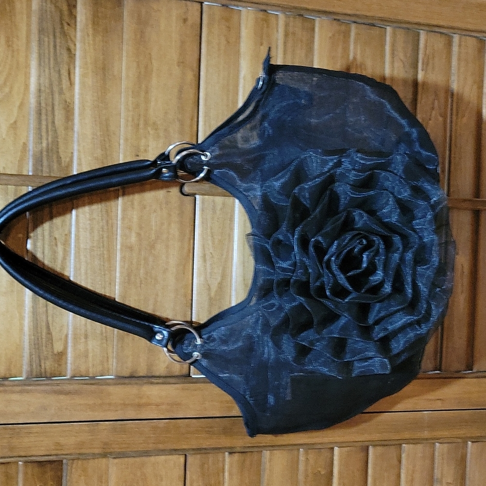 Black mesh purse with flower